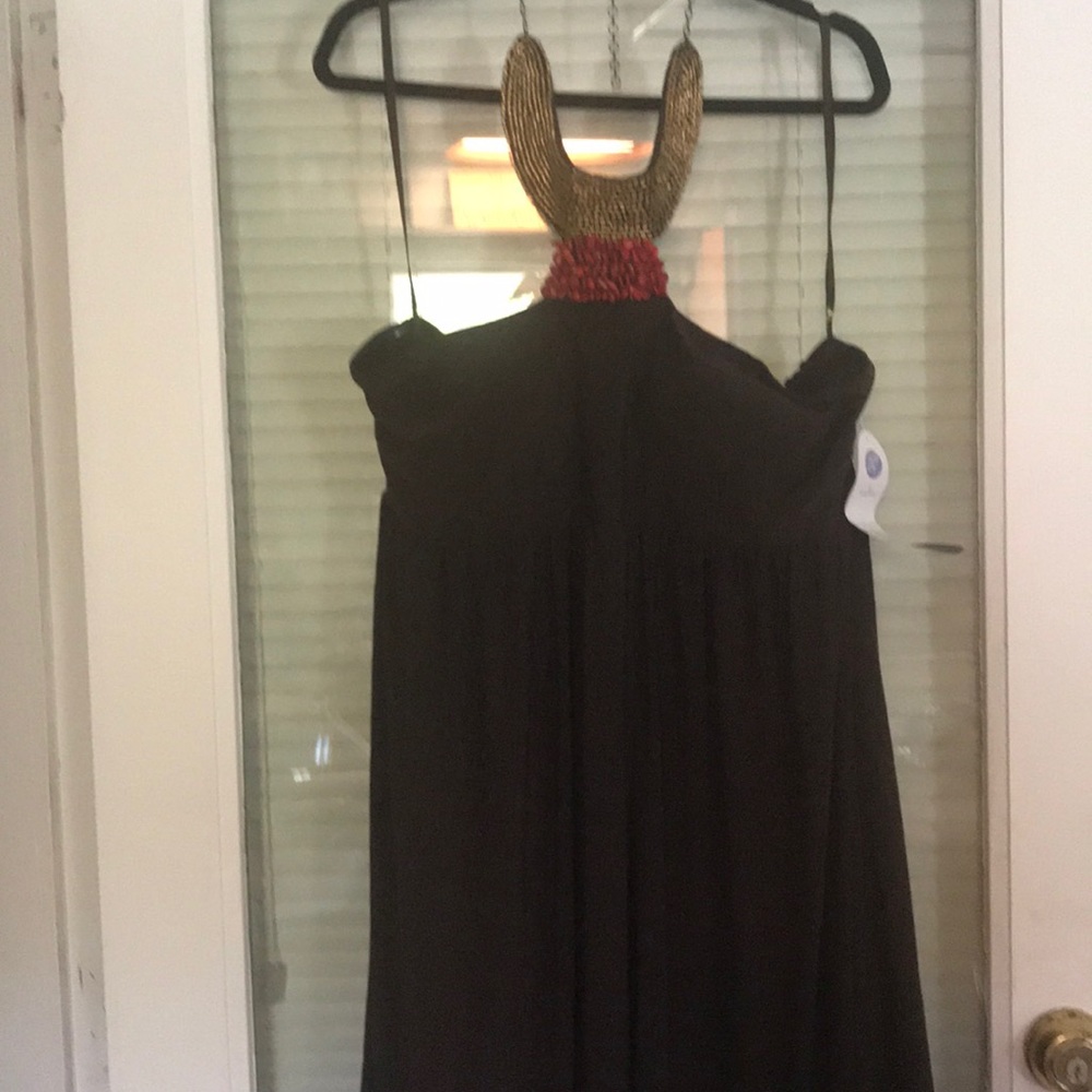 Halter style dress in brown and coral